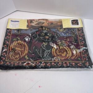 4 Set Halloween Tapestry Placemats Witch Black Cats Jack O Lanterns Pumpkins New